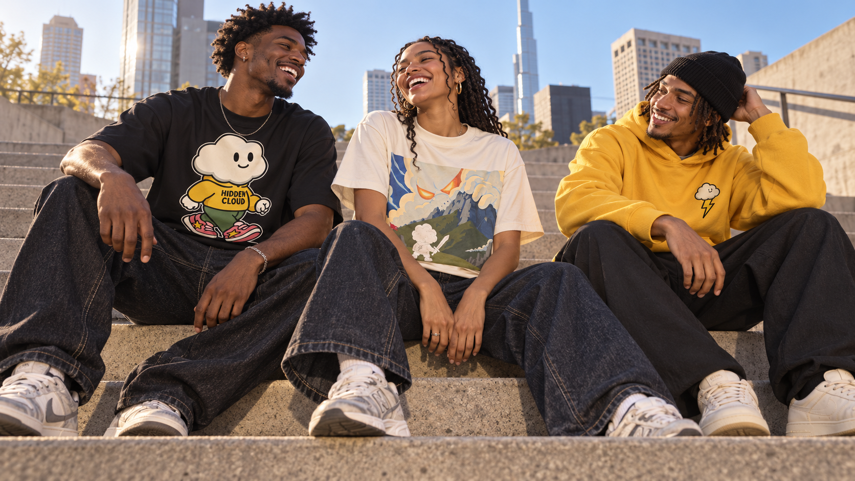 AI campaign concept: friends laughing together in Kumo and mountain-art graphic clothing