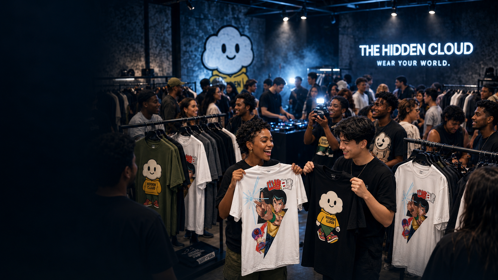 AI campaign concept: friends holding Kumo and anime graphic tees in a blue-lit Hidden Cloud pop-up