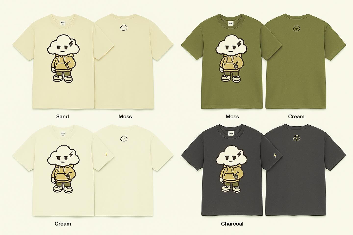 Kumo shirt design layouts in cream, moss green, and charcoal, as shared by The Hidden Cloud on Instagram