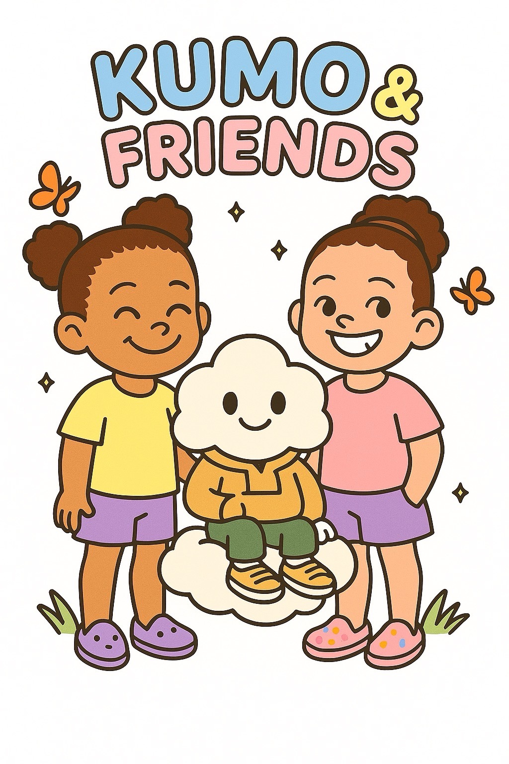 Colorful Kumo and Friends artwork with two girls, butterflies, and the smiling cloud character